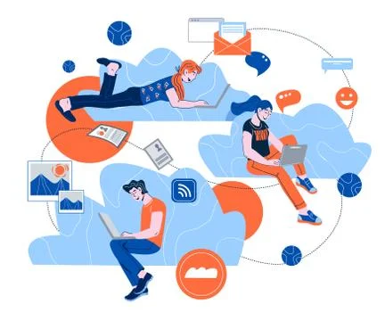 Cloud networking concept with people working on laptop, vector illustration. Stock Illustration