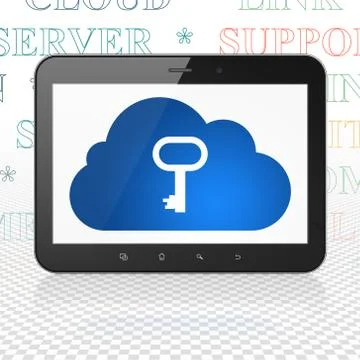 Cloud networking concept: Tablet Computer with Cloud With Key on display Illustrazione stock