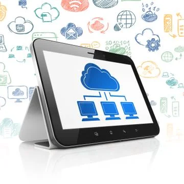 Cloud networking concept: Tablet Computer with Cloud Network on display 스톡 일러스트