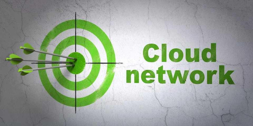 Cloud networking concept: target and Cloud Network on wall background Stock Illustration