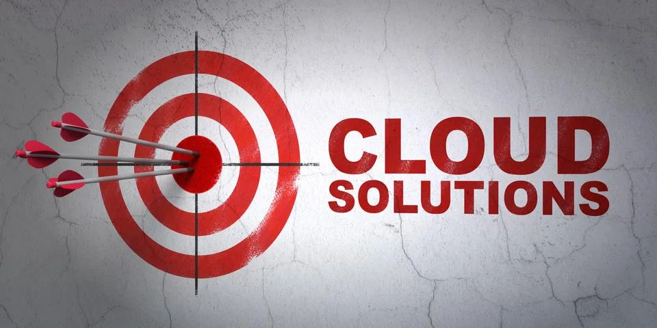 Cloud networking concept: target and Cloud Solutions on wall background Illustrazione stock