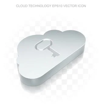 Cloud networking icon: Flat metallic 3d Cloud With Key, transparent shadow, EPS 스톡 일러스트