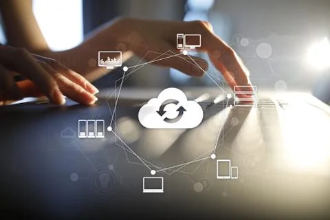 Cloud networking, Internet and modern technology concept on virtual screen. 库存照片