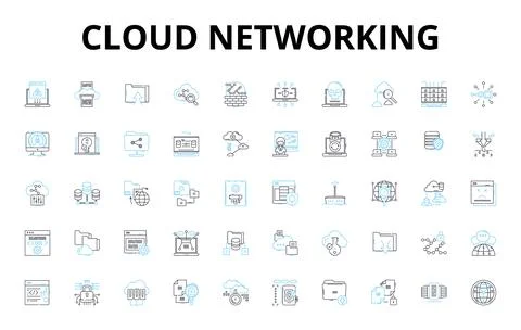 Cloud networking linear icons set. Virtualization, Scalability, Elasticity Stock Illustration