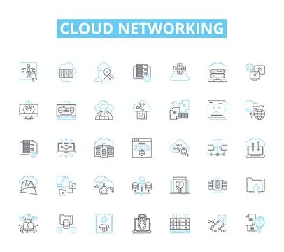 Cloud networking linear icons set. Virtualization, Scalability, Elasticity Illustrazione stock