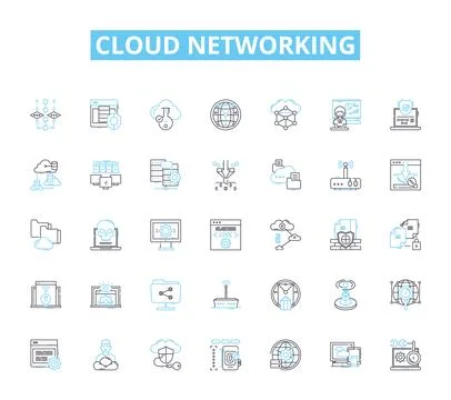 Cloud networking linear icons set. Virtualization, Scalability, Elasticity Stock Illustration
