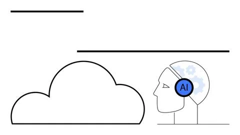 Cloud next to human head with AI label and gears inside represents technology Stock Illustration