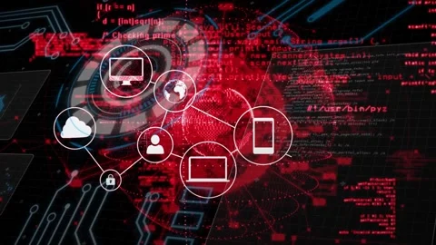 Cloud node appearing, padlock emerging, devices connecting over red HUD globe, Vidéo 335317630
