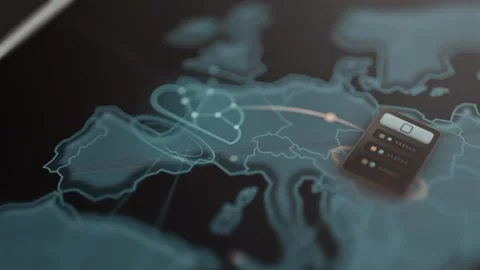 Cloud node in western Europe connects diagonally to a server node farther east Stock Footage 343375815