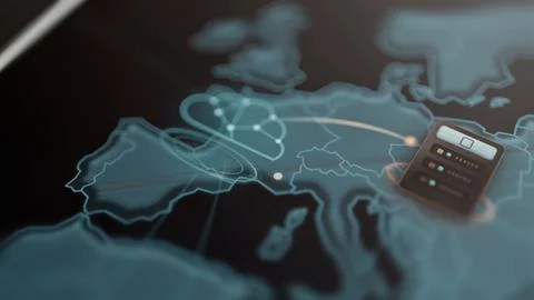 Cloud node in western Europe connects diagonally to a server node farther east Fotos Stock
