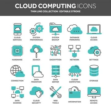 Cloud omputing. Internet technology. Online services. Data, information security Stock Illustration
