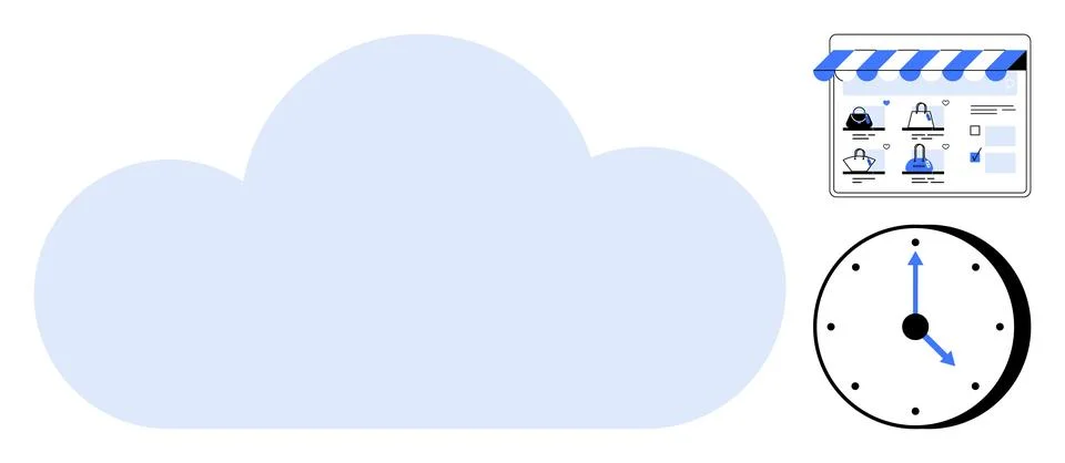Cloud with an online storefront and a clock. Ideal for e-commerce, cloud comp イラスト素材