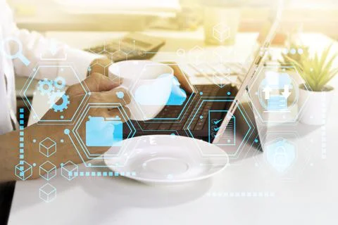 Cloud operations manage data and monitor business. Use computer equipment to  Stock Photos