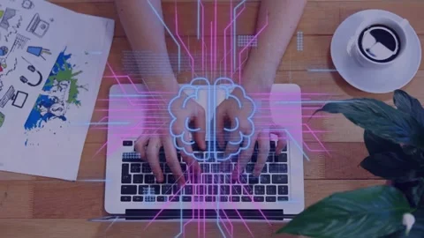 Cloud or brain graphic appearing, hands typing on laptop as circuits, code Stock Footage 334788759