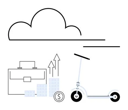 Cloud outline, briefcase, coins, upward graphs, and electric scooter represen Illustrazione stock