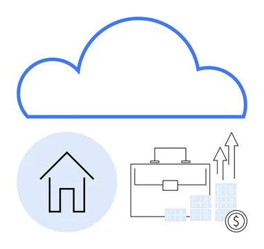 Cloud outline with briefcase, house, arrows, coins, and chart elements in sim Illustrazione stock