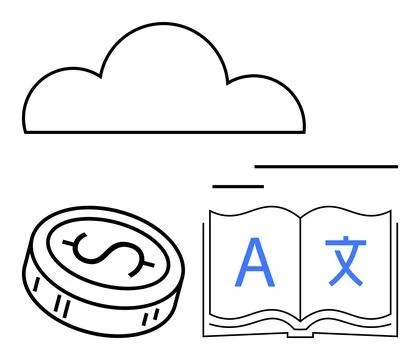 Cloud outline, coin with dollar sign, open book with multilingual letters. Id Stock Illustration