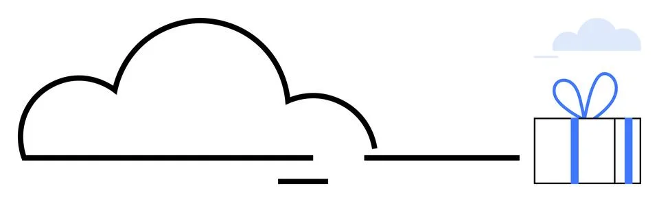 Cloud outline connected to a gift box with a blue ribbon. Ideal for technolog Illustrazione stock