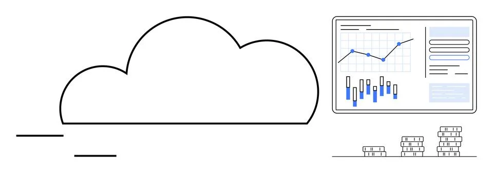 Cloud outline connected to a screen displaying graphs and charts, alongside f Stock Illustration