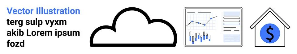 Cloud outline, data analytics chart with graphs, house with dollar sign. Idea Stock Illustration