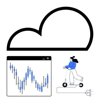 Cloud outline, data graph in browser window, woman riding electric scooter, p 库存插图