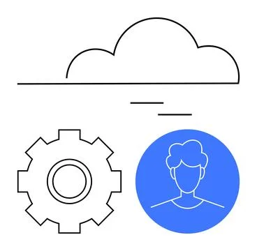 Cloud outline, gear for settings, user avatar in blue circle. Ideal for data  Illustrazione stock