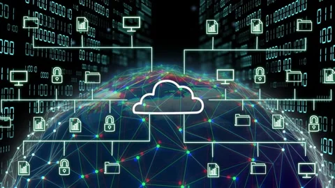 Cloud outline glowing, sending connectors to globe, spawning secure icons to Stock Footage 333999122
