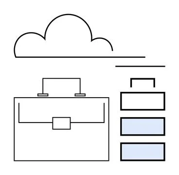 Cloud outline, large briefcase, stack of files, horizontal lines. Ideal for c Illustrazione stock