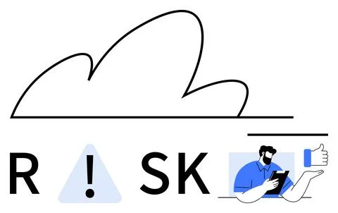 Cloud outline, large text RISK, exclamation mark in a triangle, man using tab Illustrazione stock