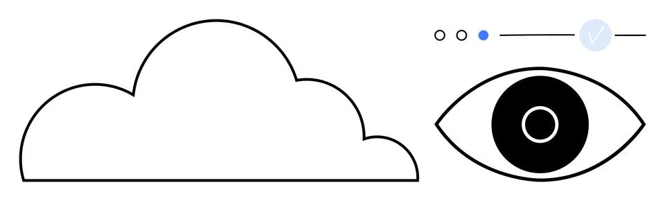 Cloud outline next to an eye icon above a loading indicator. Ideal for techno Stock Illustration