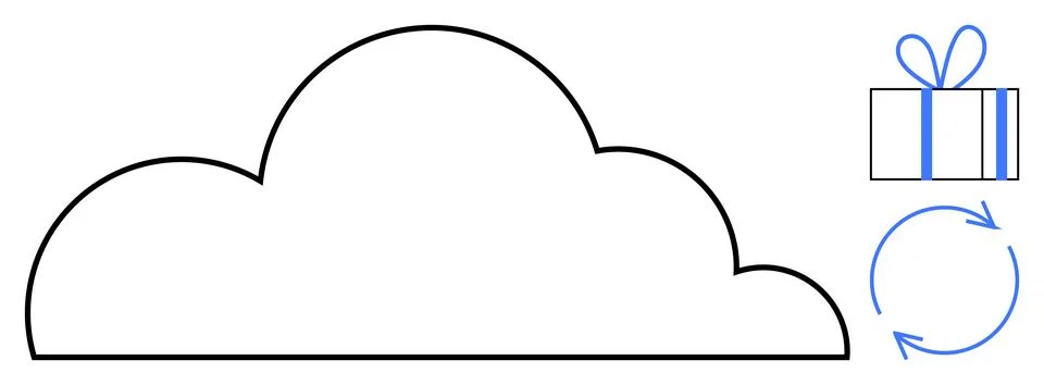 Cloud outline next to gift box and recycling symbol. Ideal for technology, da Stock Illustration