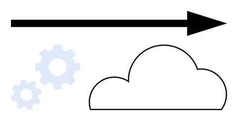 Cloud outline next to light blue gears and a bold rightward arrow. Ideal for  Stock Illustration