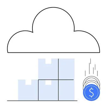 Cloud outline over stacked blocks and falling coins. Ideal for business growt Illustrazione stock