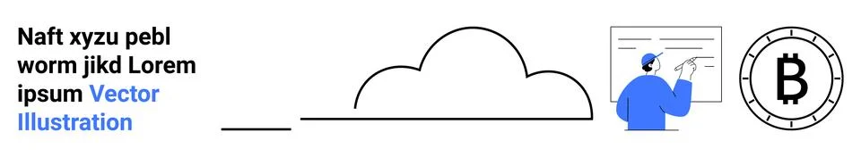 Cloud outline, person analyzing data, large Bitcoin symbol, and text elements Stock Illustration