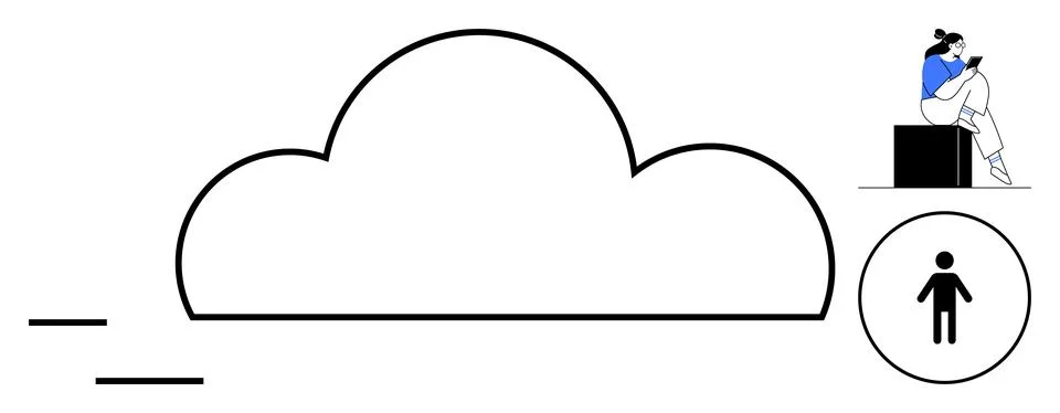 Cloud outline with person seated using digital device, user icon, and data li イラスト素材