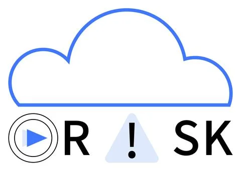 Cloud outline with play button, exclamation mark in triangle, and RISK letter Stockillustratie