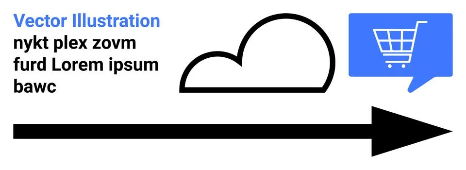Cloud outline, right-pointing arrow, blue speech bubble with shopping cart. I Stock Illustration