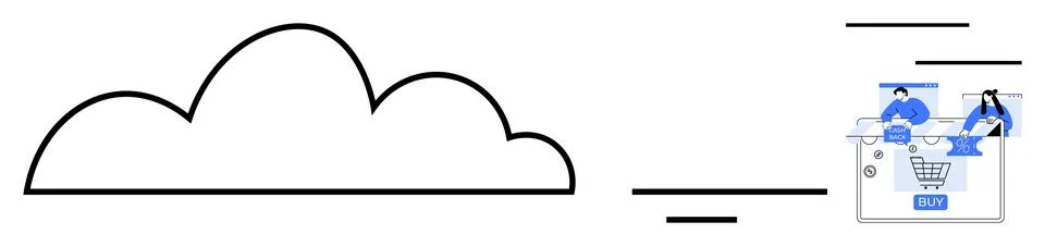 Cloud outline with simplified cloud element alongside stylized e-commerce web Stock Illustration