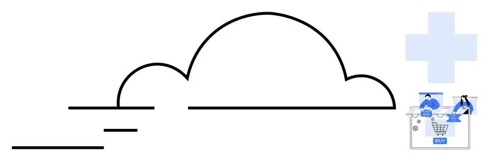 Cloud outline with speed lines, digital marketing icons, shopping cart, medic Stockillustratie