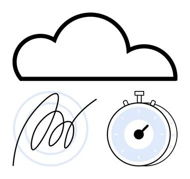 Cloud outline, stopwatch marking precision, and looping digital signature. Id Stock Illustration