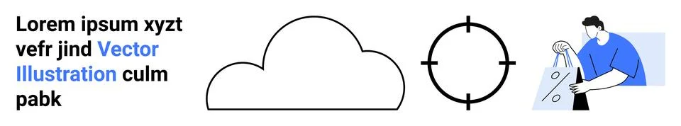 Cloud outline, target circle, man working on a large screw, and placeholder t Stock Illustration