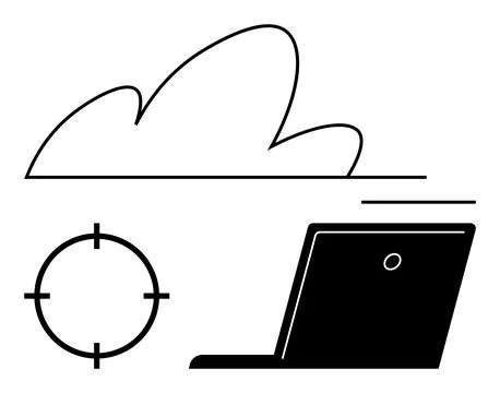 Cloud outline, target symbol, and laptop icon suggesting cloud computing, pre 스톡 일러스트