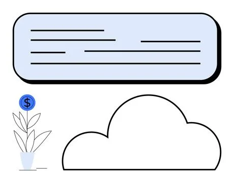 Cloud outline, text box with lines, plant in pot with a dollar sign above. Id 스톡 일러스트