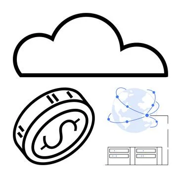 Cloud outlined above coin with dollar symbol, globe with network points, and  Stock Illustration