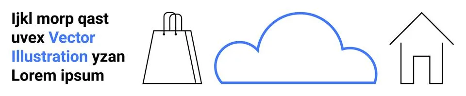Cloud outlined in blue, shopping bag, and house outline. Alphabet sample besi Stock Illustration