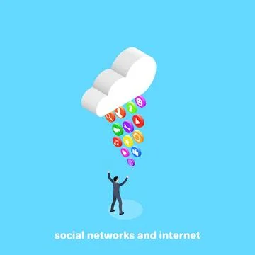 Cloud over a man in a business suit and badges on social networks and the Int Illustrazione stock