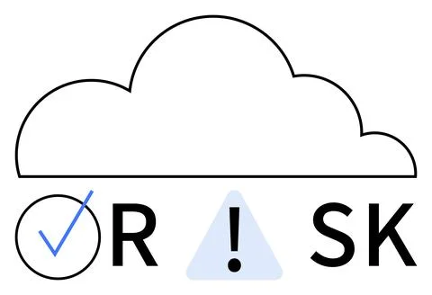 Cloud over RISK with checkmark circle and exclamation triangle. Ideal for dec Stockillustratie