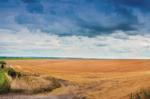 Cloud over sheaves on the field under a dramatic cloudy sky, the end of summe Stock Photos