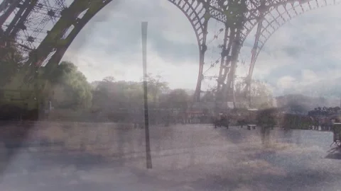 Cloud overlay drifting, iron arch framing plaza while visitors shifting and Video stock 333950109