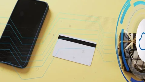 Cloud padlock appearing triggers phone and card sending data lines to HUD cart Video stock 335317225